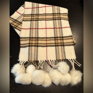 Lord & Taylor Tartan Plaid Cashmere Scarf with White Rabbit Fur Poms
